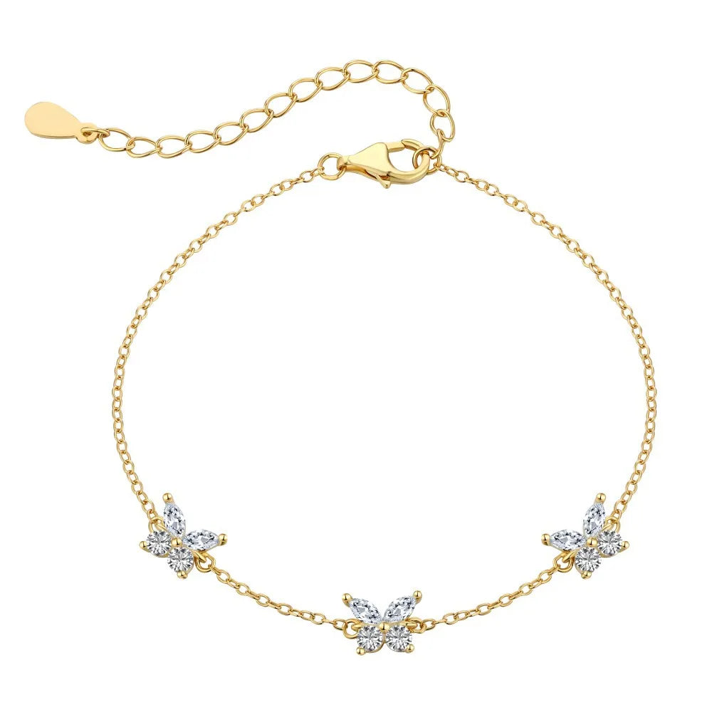 Three Butterfly Natural Zircon Gemstone Bracelet set in 18K White Gold Plated 925 Silver