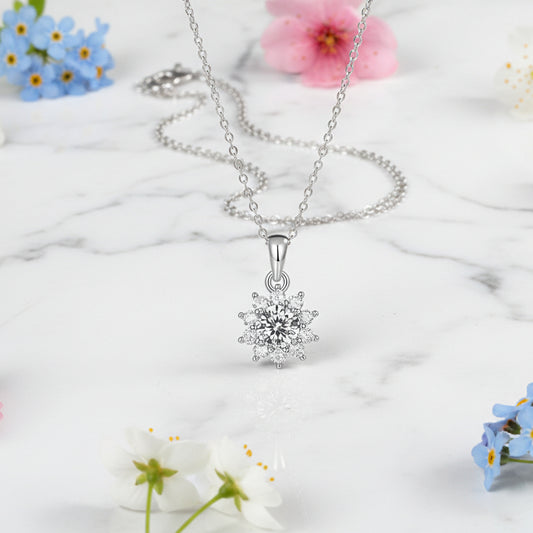French Sunflower 1 Carat Moissanite Diamond Pendant set in 18K White Gold Plated 925 Silver (GRA)