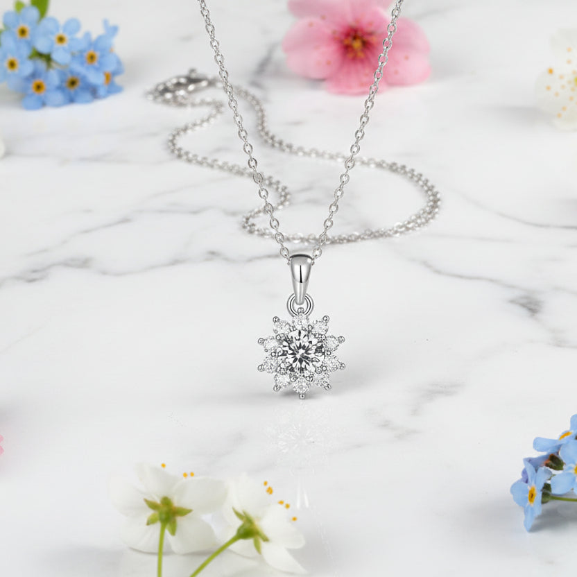 French Sunflower Design 1 Carat Moissanite Diamond Pendant Necklace set in 925 Silver (GRA)
