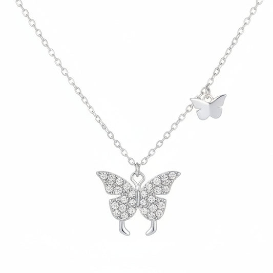 Twin Butterflies Micro Inlaid Moissanite Diamond Necklace set in 18K White Gold 925 Silver