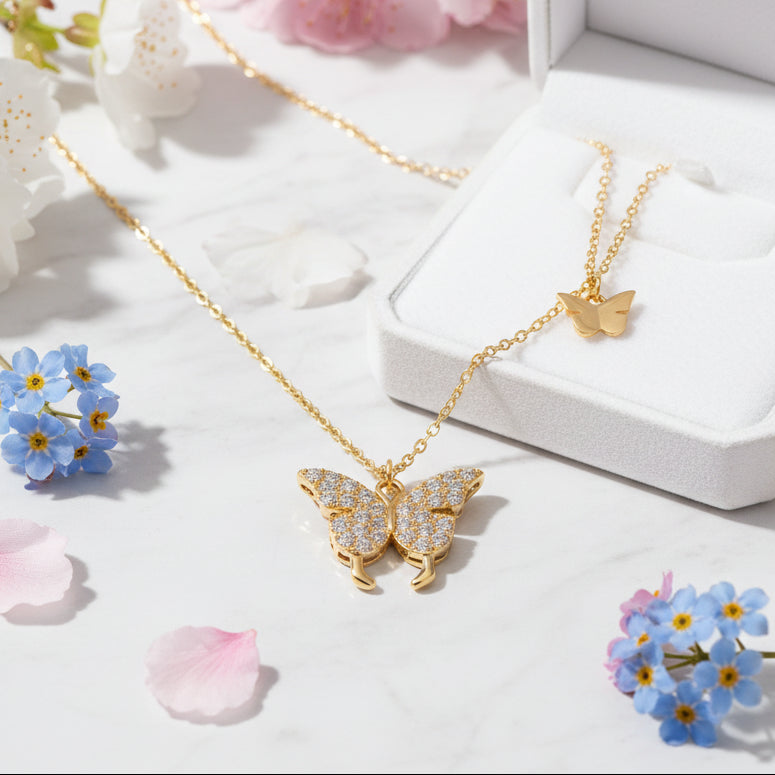 Twin Butterflies Design Micro Inlaid Moissanite Diamond Necklace set in 925 Sterling Silver