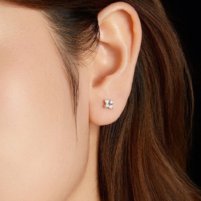 Four Petal Flower Micro Moissanite Diamond Earrings set in Platinum Plated 925 Silver (GRA)