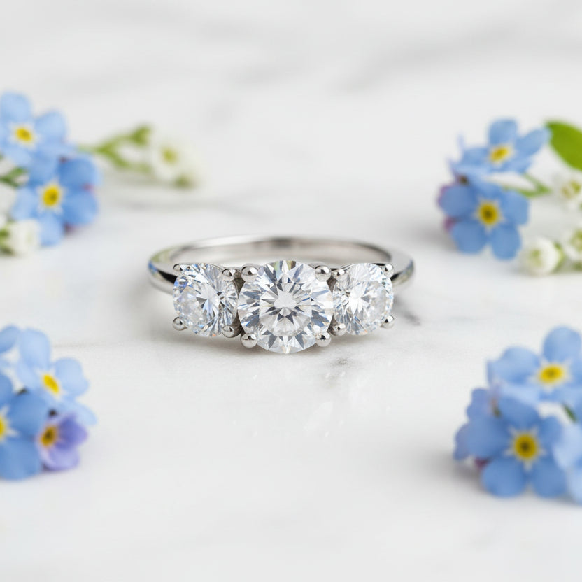 French Three Stones Design 4 Carat Moissanite Ring set in 18k White Gold Plated 925 Silver (GRA) Capella Jewellery