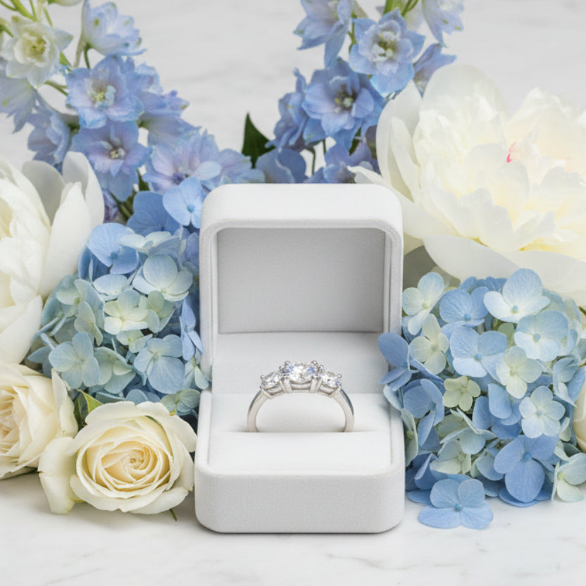 French Three Stones Design 4 Carat Moissanite Ring set in 18k White Gold Plated 925 Silver (GRA) Capella Jewellery