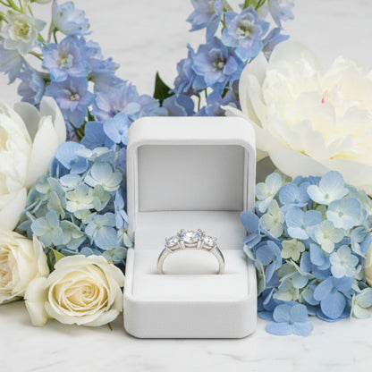 French Three Stones Design 4 Carat Moissanite Ring set in 18k White Gold Plated 925 Silver (GRA) Capella Jewellery