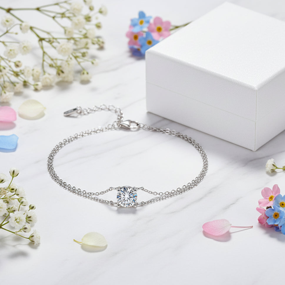 Four-Claw Twin Layer 1 Carat Moissanite Diamond Bracelet set in Platinum 925 Silver (GRA)