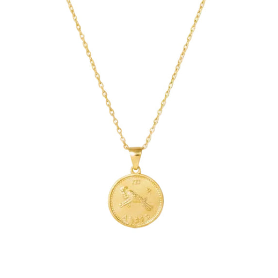 Italian Design Zodiac Sign Gold Roman Coin Pendent Necklace set in 18K Gold Plating
