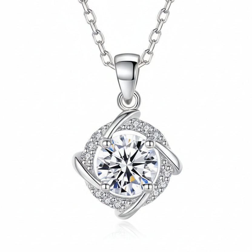Windmill Design 1 Carat Moissanite Diamond set in 18K White Gold Plated 925 Silver (GRA)