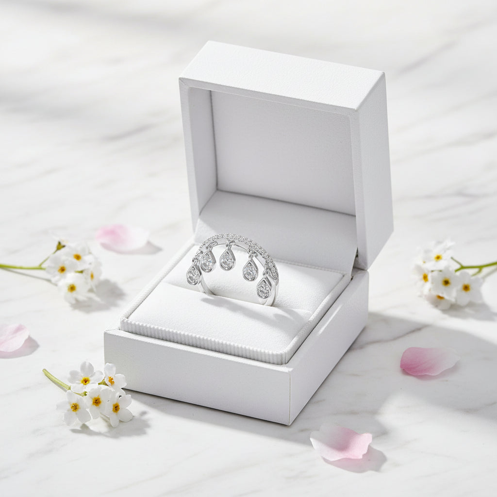 French Tassel Pavé 0.5 Carat Moissanite Diamond Ring set in 18K White GoldPlated 925 Silver (GRA)