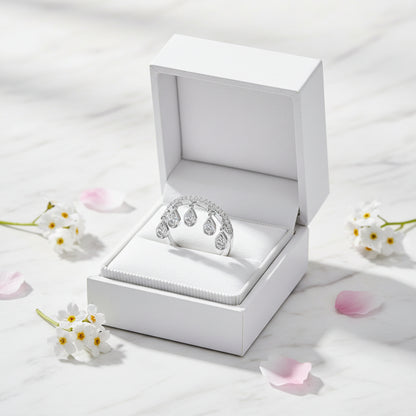 French Crown Inspired Tassel Pavé 0.5 Carat Moissanite Ring set in 18K White Gold Plated 925 Silver (GRA) Capella Jewellery