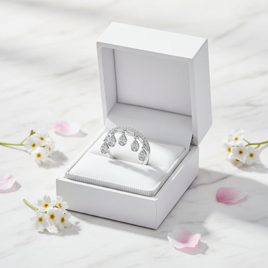 French Crown Inspired Tassel Pavé 0.5 Carat Moissanite Diamond Ring set in 18K White Gold Plated 925 Silver (GRA)