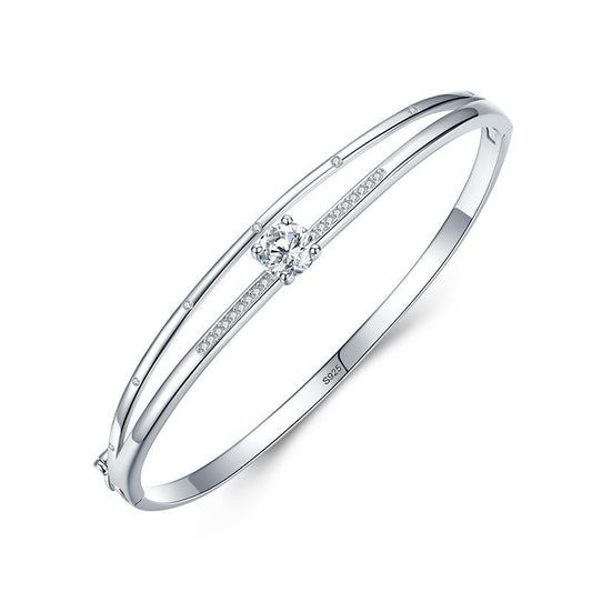 French Double Layer Solitaire Natural Zircon Gemstone Bracelet set in Platinum Plated 925 Silver