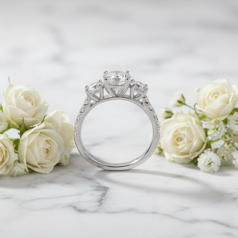 French Three Stone Micro Pavé Sides 1.8 Carat Moissanite Ring set in Platinum Plated 925 Silver (GRA) Capella Jewellery