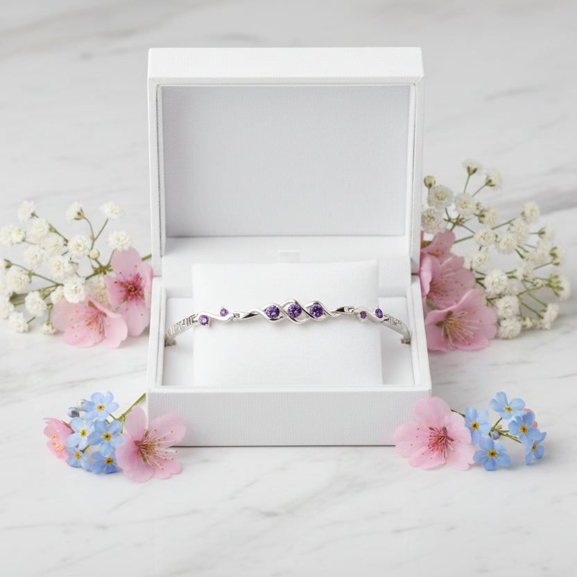 Purple Amethyst Three Life Stone Design Bracelet set in 925 Sterling Silver