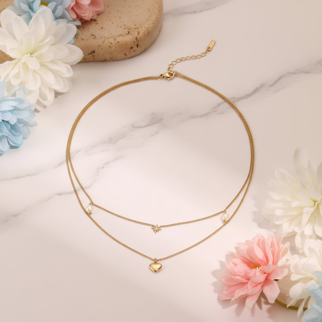 Six-Pointed Star or Heart Double-layer Pearl Necklace and Bracelet set in 18K Gold Plating Capella Jewellery