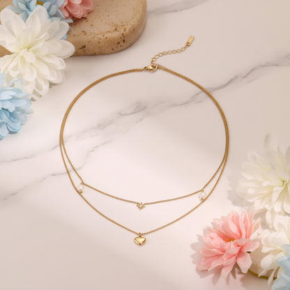 Six-Pointed Star or Heart Double-layer Pearl Necklace and Bracelet set in 18K Gold Plating Capella Jewellery