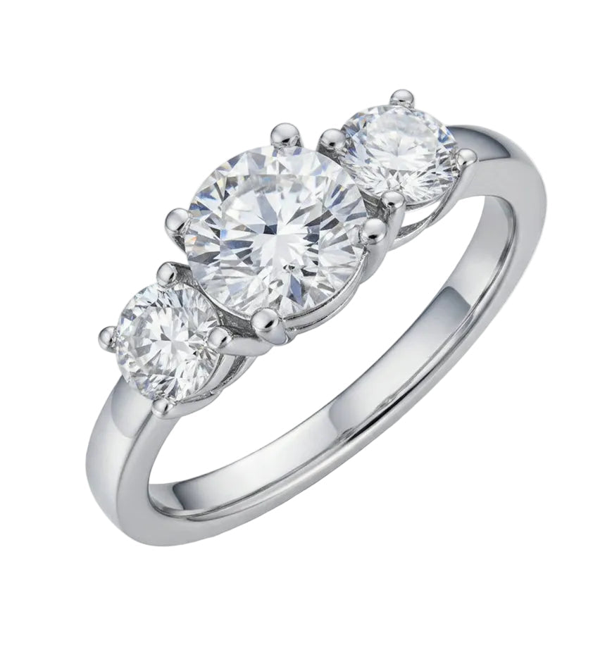 French Three Stones Design 4 Carat Moissanite Ring set in 18k White Gold Plated 925 Silver (GRA) Capella Jewellery