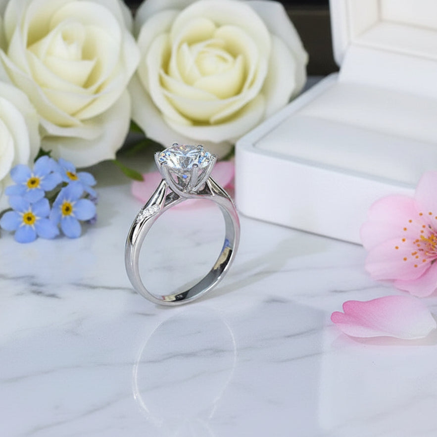 French Solitaire Pavé Inlay 3 Carat Moissanite Diamond Ring set in 18K White Gold 925 Silver (GRA)