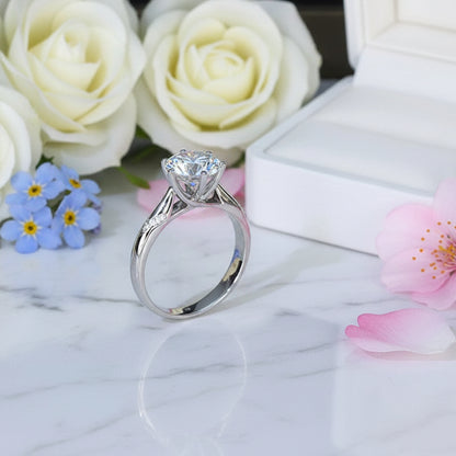 French Micro Pavé Inlay Solitaire 3 Carat Moissanite Ring set in Platinum Plated 925 Silver (GRA) Capella Jewellery
