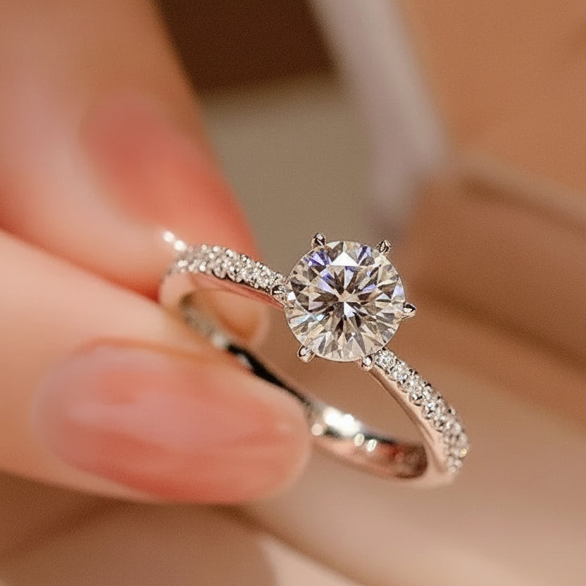 European Engagement Ring Design 3 Carat Moissanite Diamond set in Platinum Plated 925 Silver (GRA)