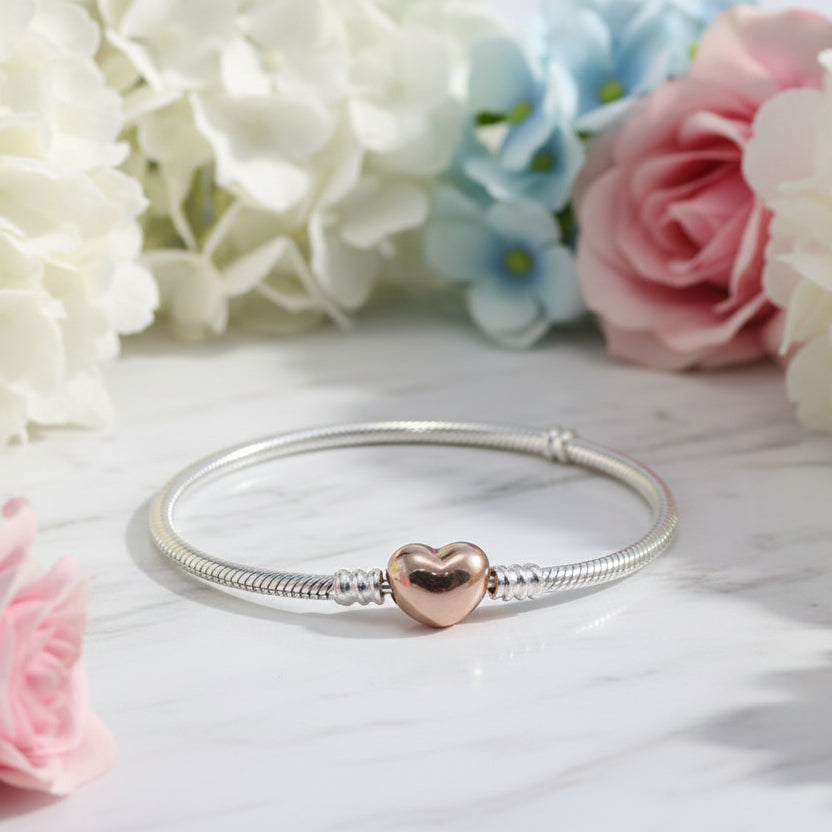 Luxurious Heart Buckle Snake Bone Bracelet set in 18K Rose Gold Plated 925 Silver