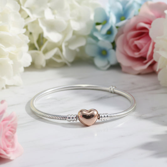 European Heart Buckle Snake Bone Bangle Bracelet set in 18K white Gold Plated 925 Sterling Silver