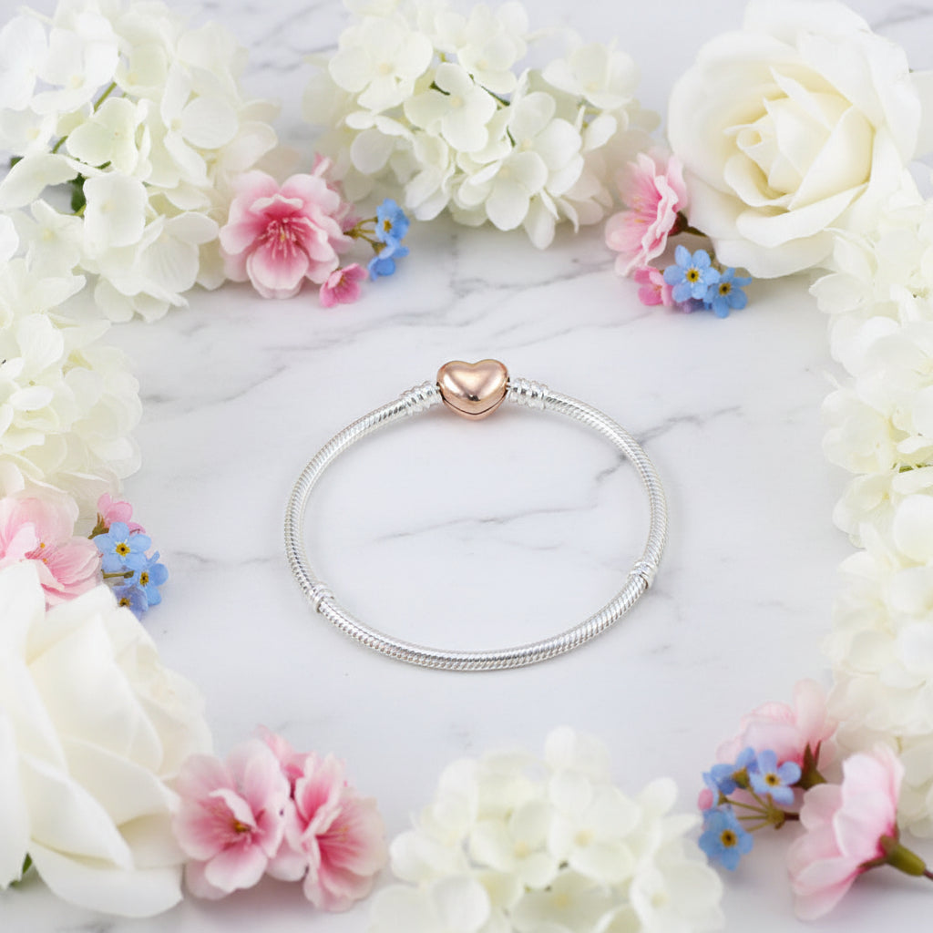 Luxurious Heart Buckle Snake Bone Bracelet set in 18K Rose Gold Plated 925 Silver