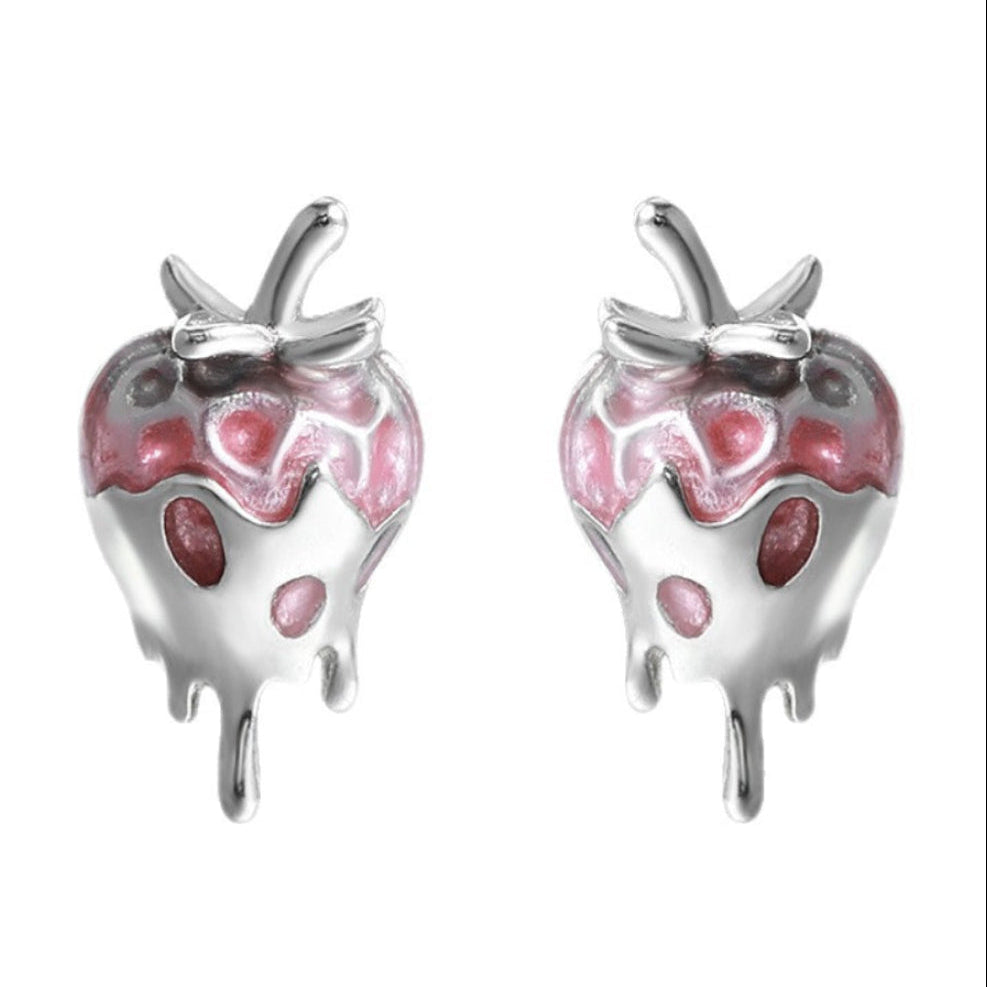 Silver Dipped Strawberry Enamel Earrings set in 18K White Gold Plated 925 Sterling Silver Capella Jewellery