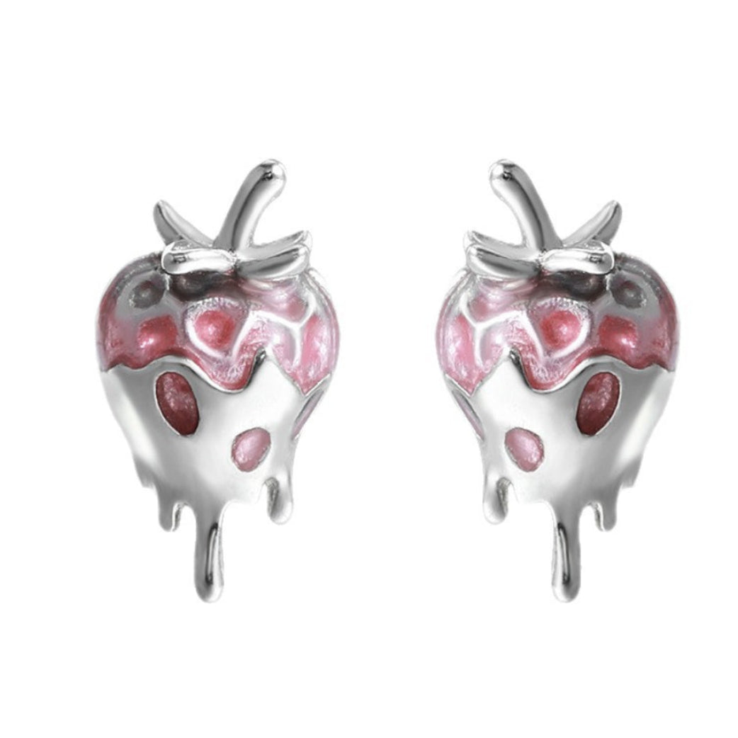 Silver Dipped Strawberry Enamel Earrings set in 18K White Gold Plated 925 Sterling Silver