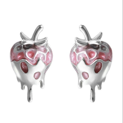 Silver Dipped Strawberry Enamel Earrings set in 18K White Gold Plated 925 Sterling Silver Capella Jewellery