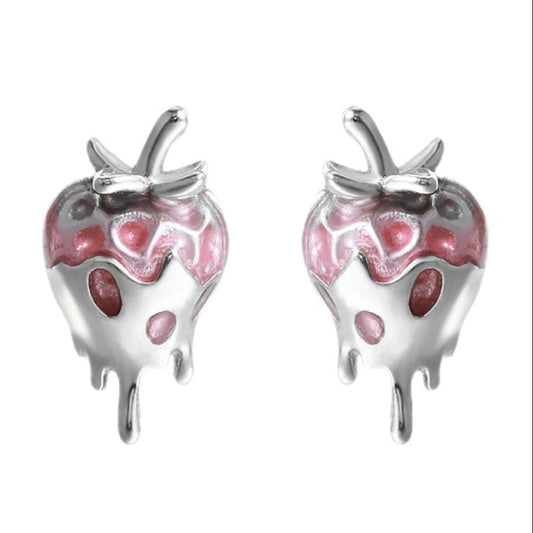 Silver Dipped Strawberry Enamel Earrings set in 18K White Gold Plated 925 Sterling Silver