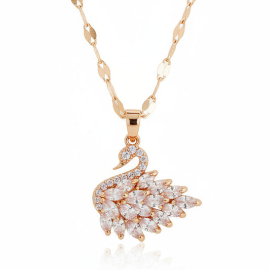 Luxury Swan Motif Inlaid Natural Zircon Gemstone Pendant set in 18K Gold Plating Necklace