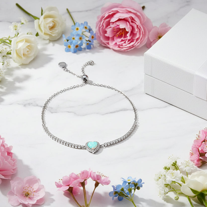 Turquoise Heart Natural Zircon Gemstone Bracelet set in 18K White Gold Plated 925 Silver