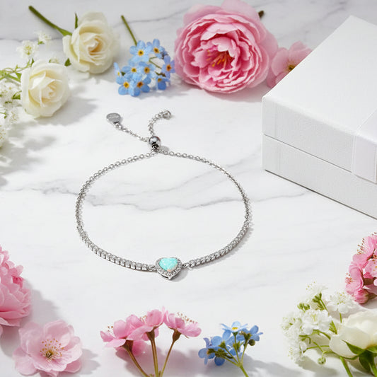 European Turquoise Heart Natural Zircon Gemstone Bracelet set in 18K White Gold Plated 925 Silver