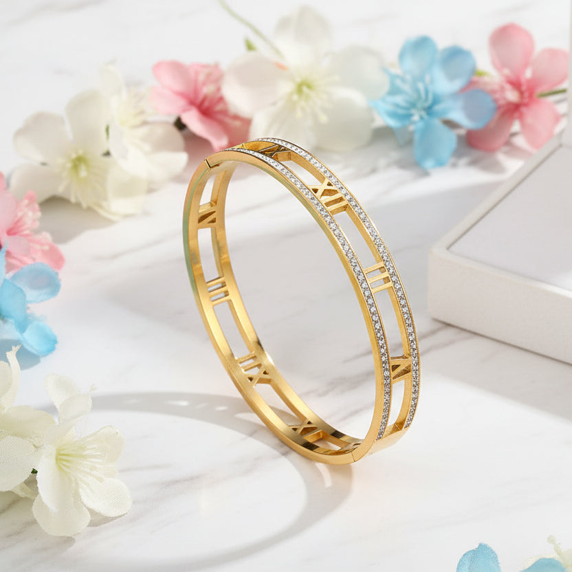 Roman Numerals Micro-Inlay Natural Zircon Gemstone Bracelet set in 18K Gold Plating