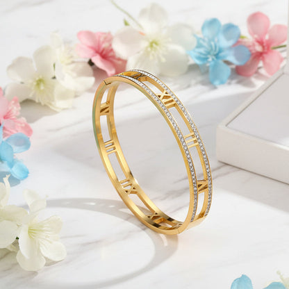 Italian Roman Numerals Micro-Inlay Natural Zircon Gemstone Bracelet set in 18K Gold Plating Capella Jewellery