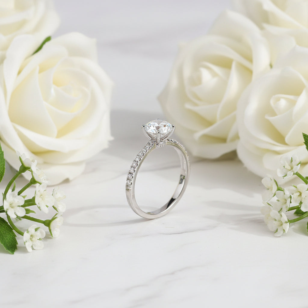 European Engagement Ring Design 3 Carat Moissanite Diamond set in Platinum Plated 925 Silver (GRA)
