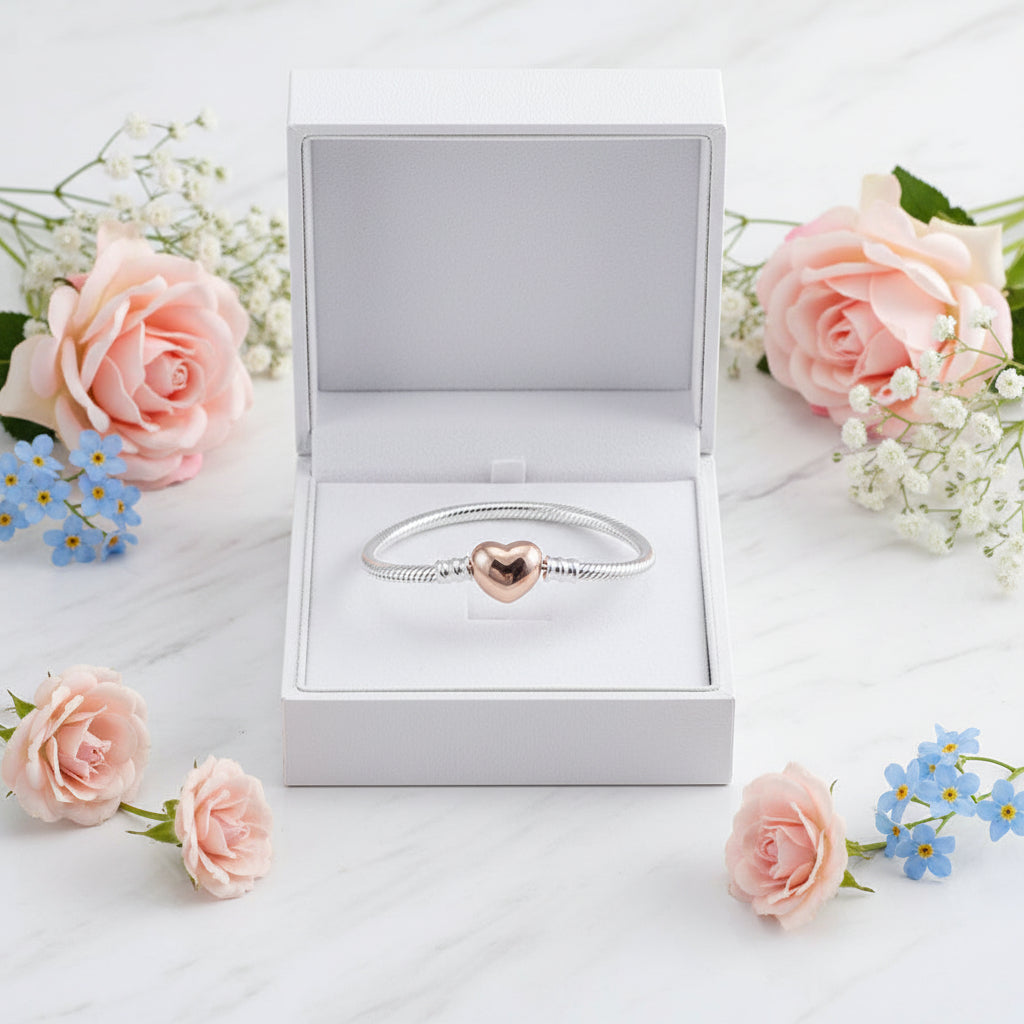 Luxurious Heart Buckle Snake Bone Bracelet set in 18K Rose Gold Plated 925 Silver