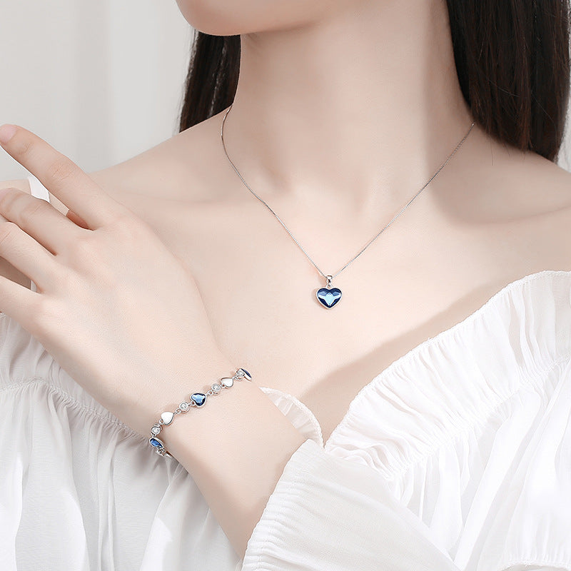 Dark Blue Heart Shaped Natural Zircon Crystal Necklace / Bracelet / Earrings set in 925 Silver