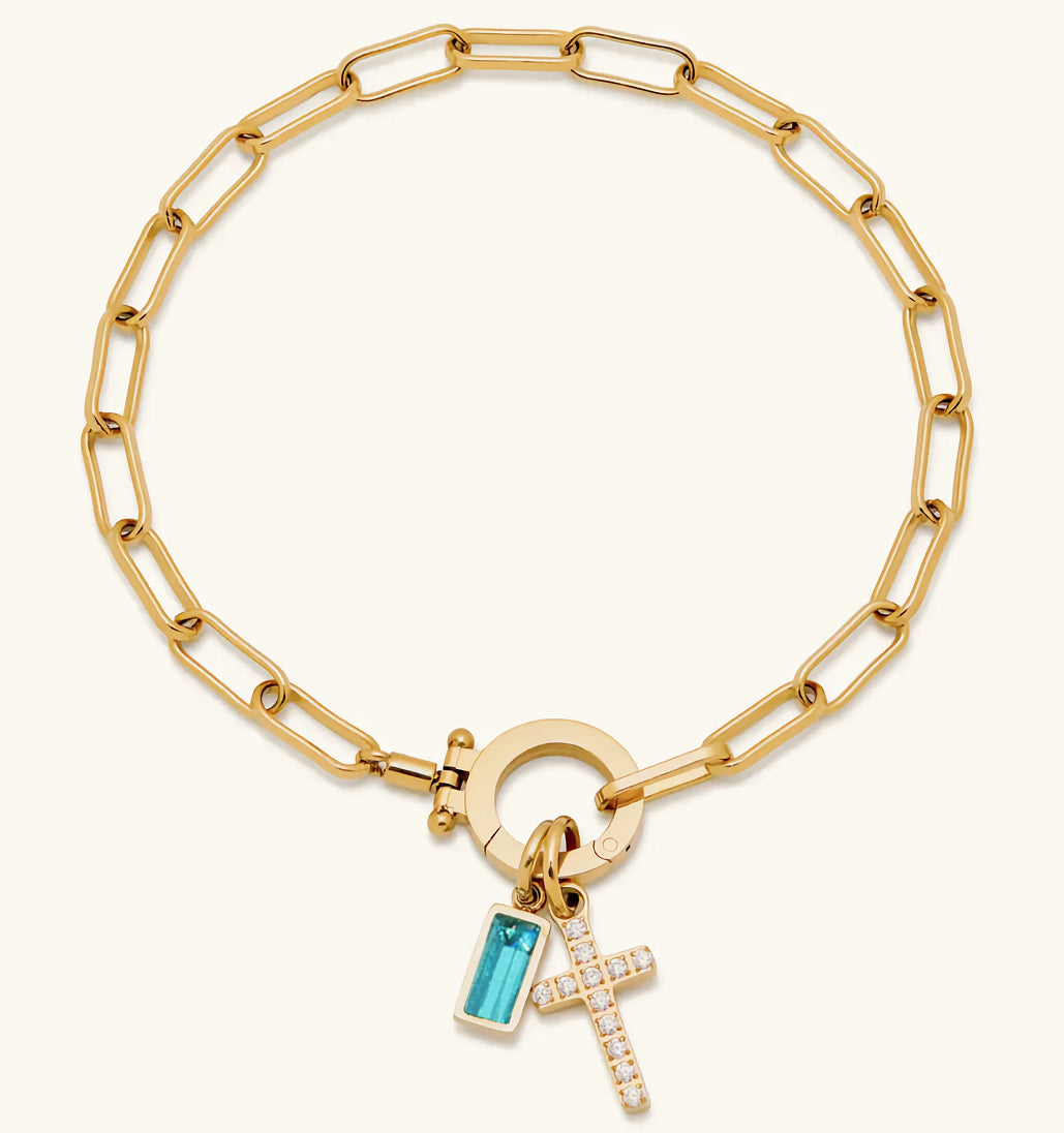 Holy Christian Cross Birth Stone Natural Zircon Gemstone Charm Bracelet set in 18K Gold Plating Capella Jewellery