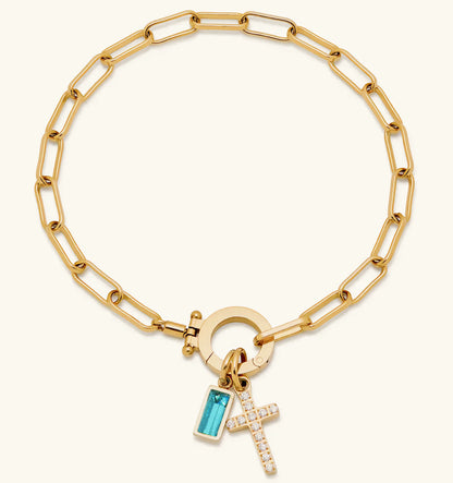 Holy Christian Cross Birth Stone Natural Zircon Gemstone Charm Bracelet set in 18K Gold Plating Capella Jewellery