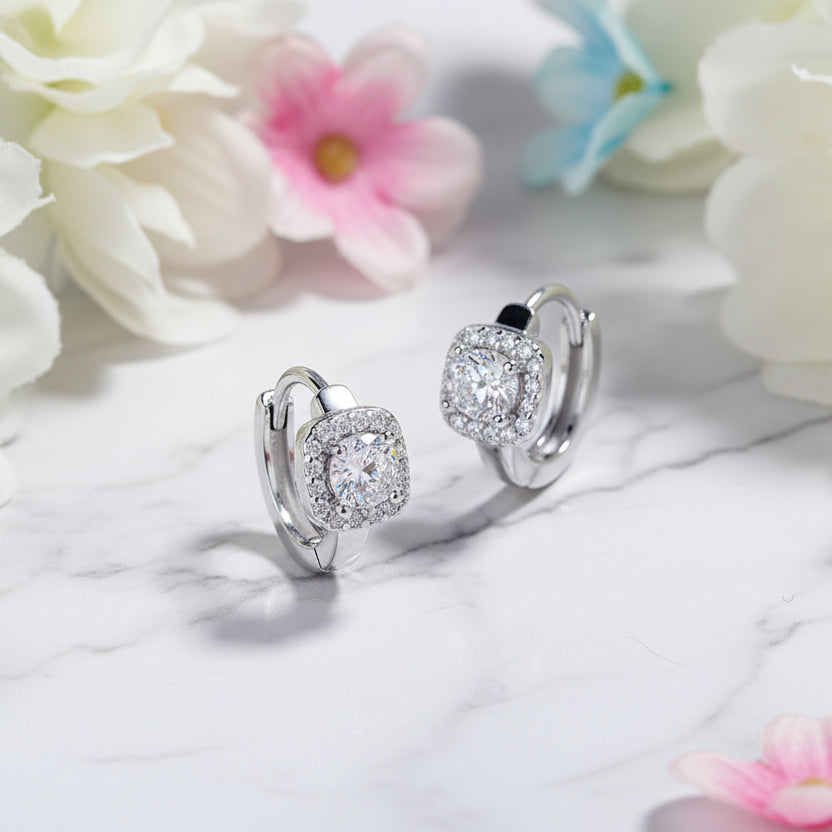 Italian Square / Round Design Natural Zircon Gemstone Earrings set in Platinum Plated 925 Silver