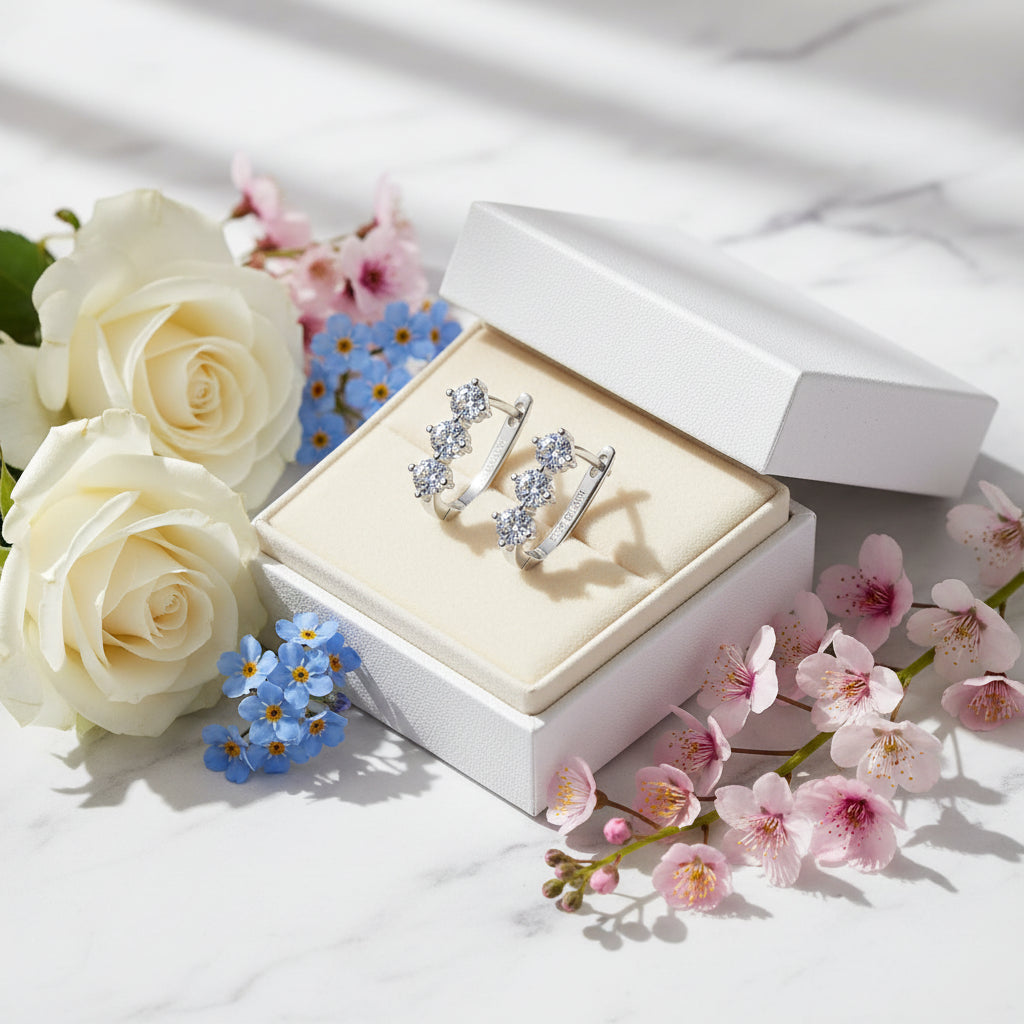 Three Stones 0.6 Carat Moissanite Diamond Earrings set in 18K Gold Plated 925 Silver (GRA)