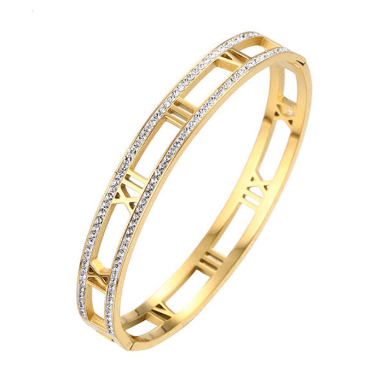 Italian Roman Numerals Micro-Inlay Natural Zircon Gemstone Bracelet set in 18K Gold Plating Capella Jewellery