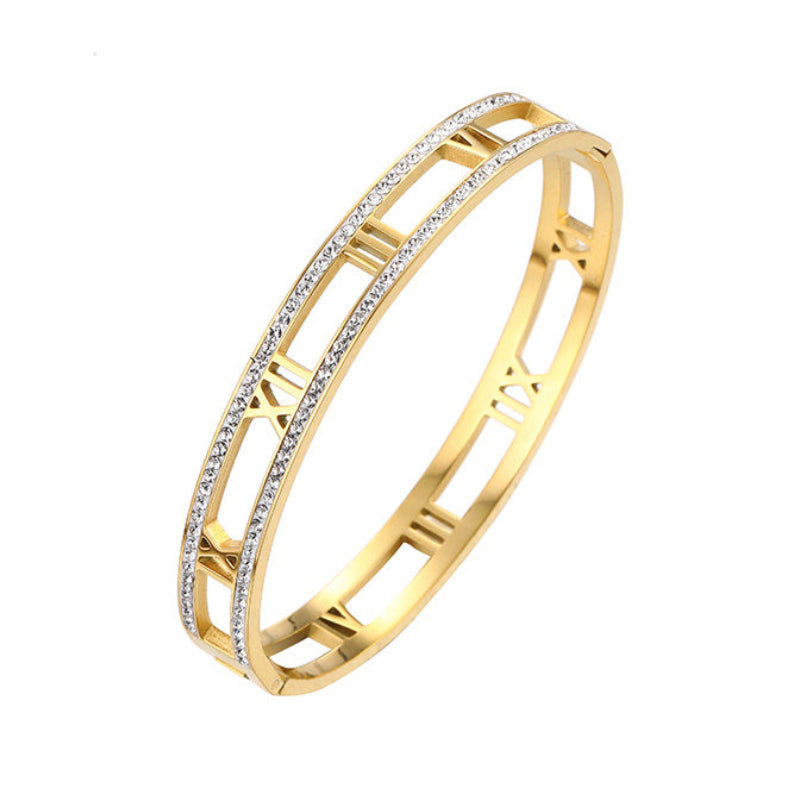 Roman Numerals Micro-Inlay Natural Zircon Gemstone Bracelet set in 18K Gold Plating