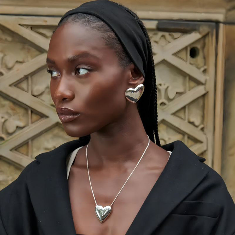 18K Gold Exaggerated Love Heart Earrings and Necklace