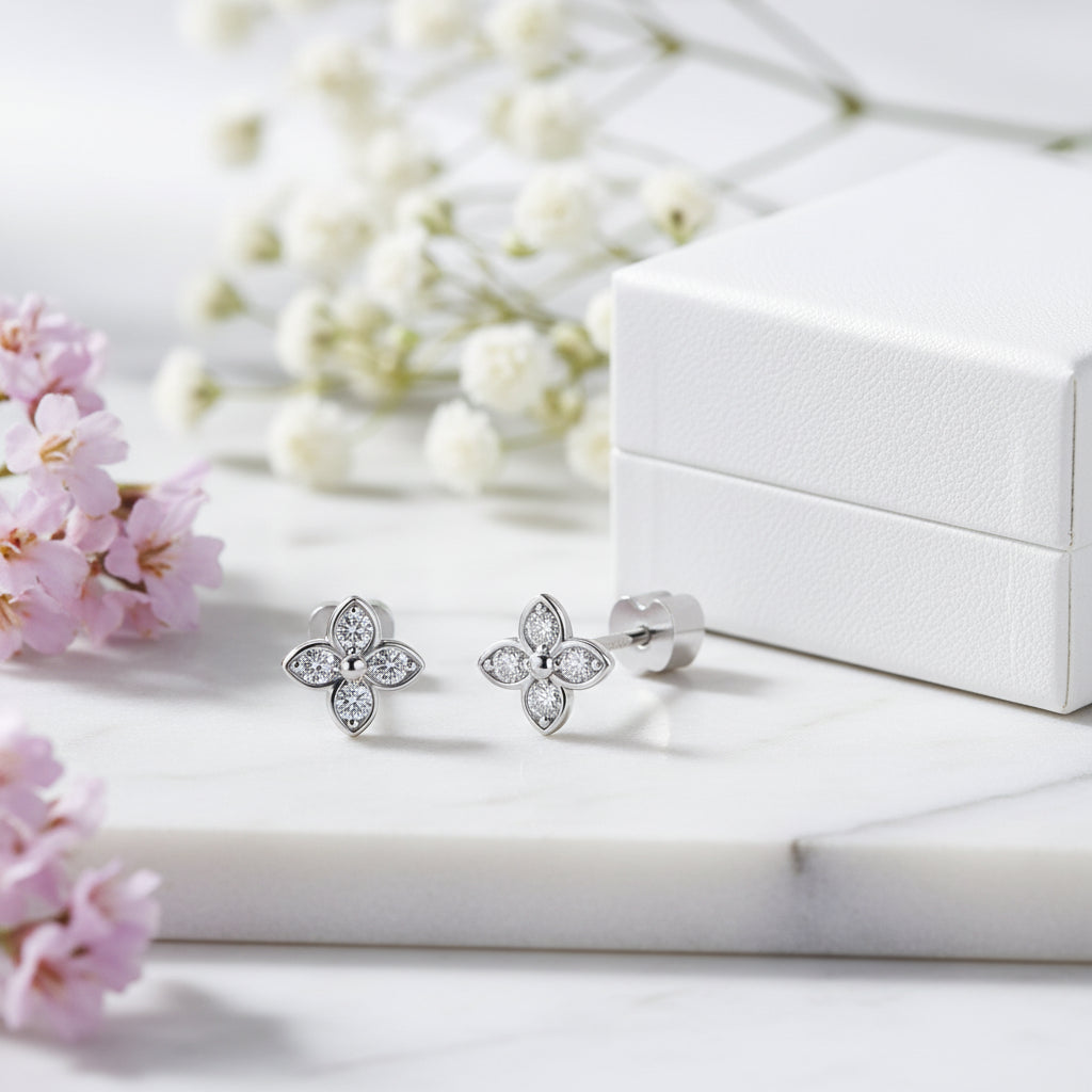 Four Petal Flower Micro Moissanite Diamond Earrings set in Platinum Plated 925 Silver (GRA)