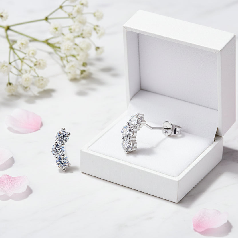 Elegant Three Stars 1.2 Carat Moissanite Diamond Earrings set in Platinum Plated 925 Silver (GRA)