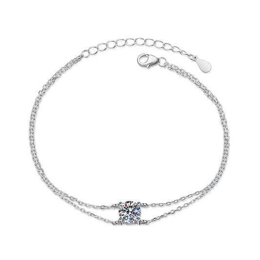 Four-Claw Double Layer Twin 1 Carat Moissanite Diamond Bracelet set in Platinum 925 Silver (GRA)