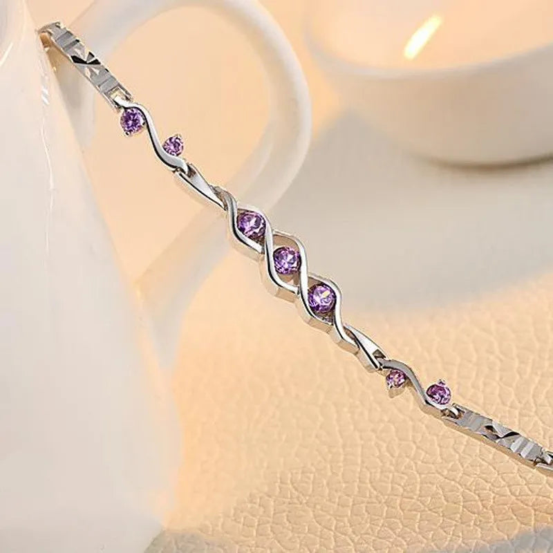 French Purple Amethyst Three Life Stone Bracelet set in 18K White Gold Plated 925 Silver Capella Jewellery